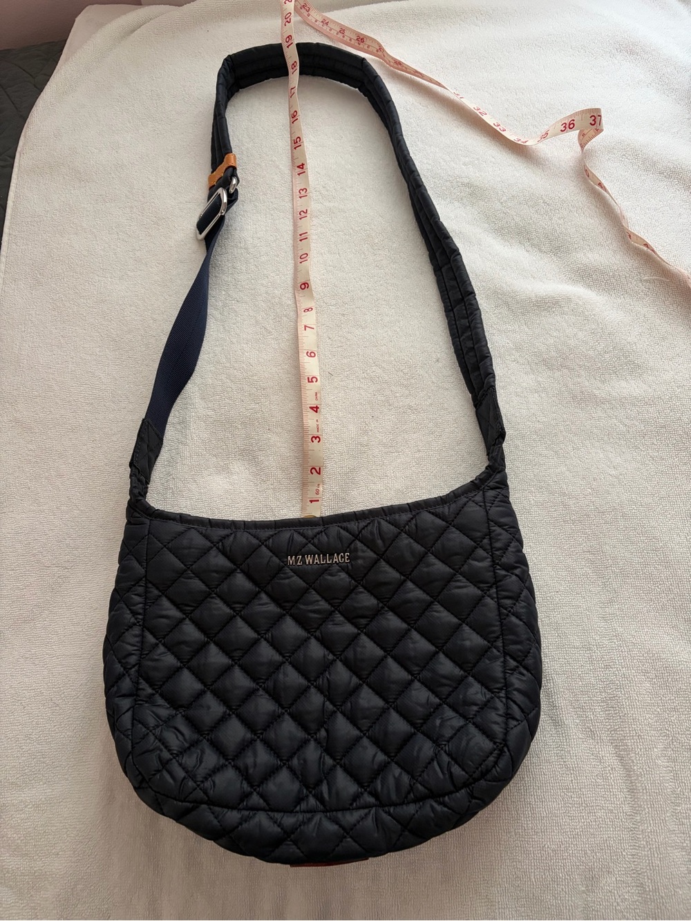 MZ Wallace Quilted Navy Blue Shoulder/Crossbody Bag with Tan Leather Trim - Picture 15 of 16